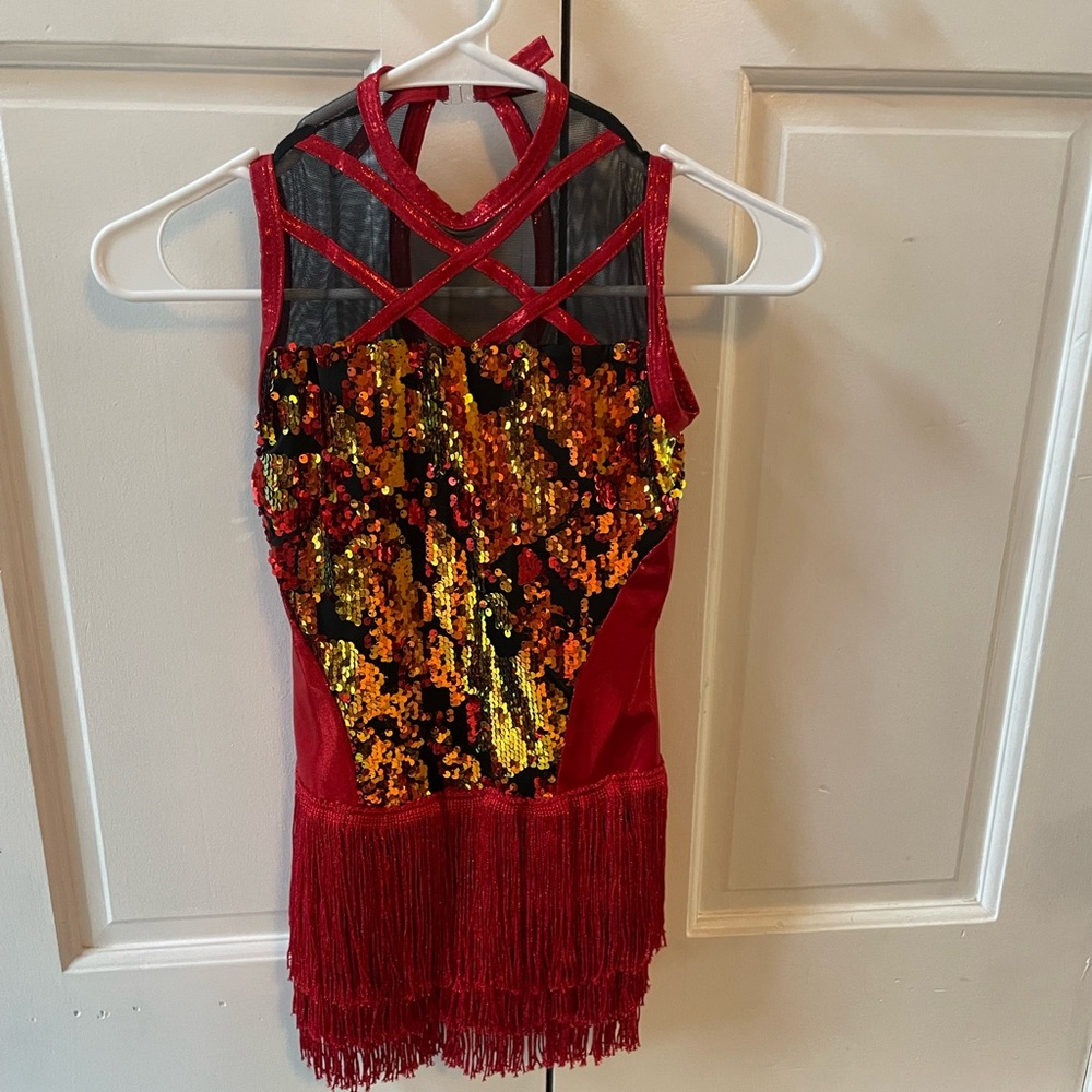 Red Black and Gold Sequin Fringe Kids Jazz Costume Dress